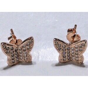 Pretty Rose Gold Vermeil Diamond Cut Butterfly Studs On 925 Silver. Cute 4 Girl